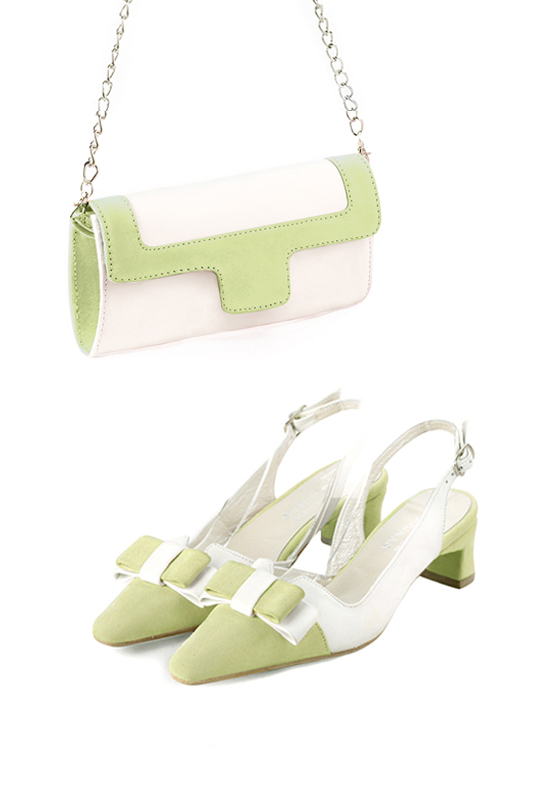 Dress clutch for wedding and parties in off white and meadow green leather - Worn view